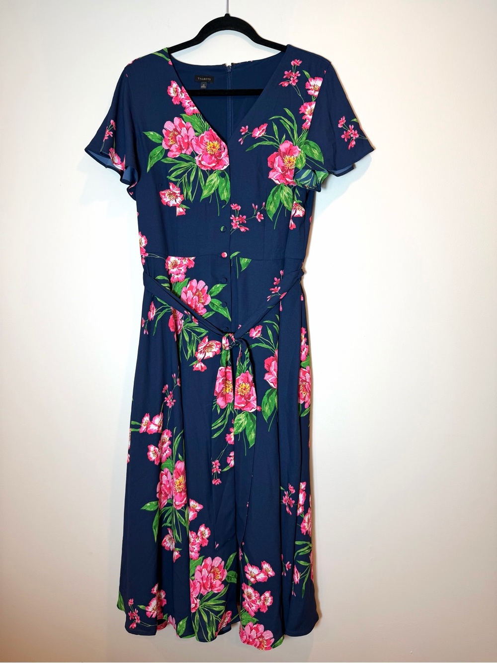 Talbots Floral Midi Dress Navy Pink Peony Print Tie Waist V-Neck Size 10